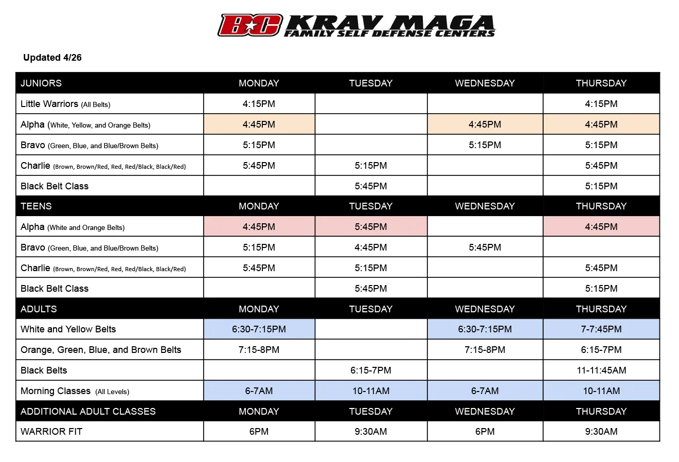 2026 Boise Cities Krav Maga Class Schedule